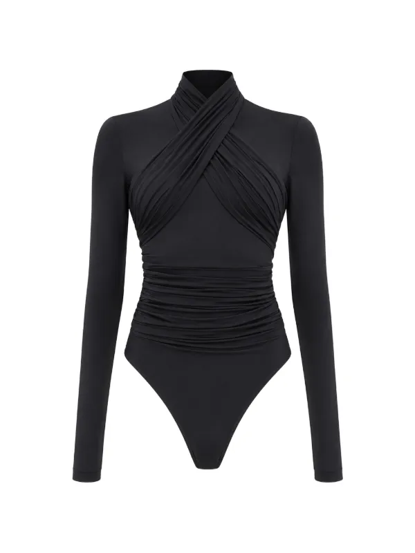 WARDROBE.NYC Ruched Crossover Bodysuit in Black
