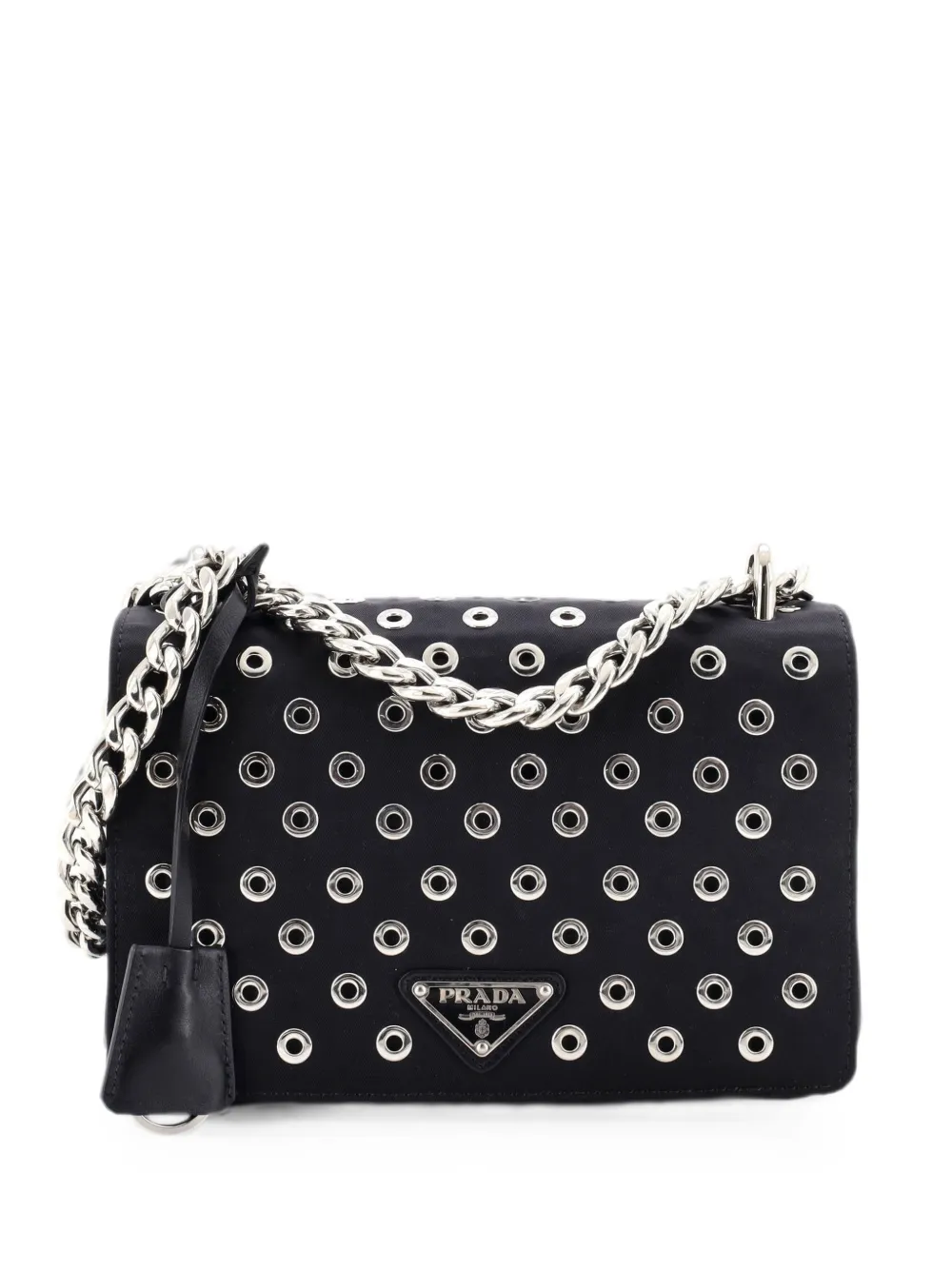 Prada Pre-Owned Grommet Chain Flap Shoulder Bag Tessuto with Soft Calf Small crossbody bag - Nero