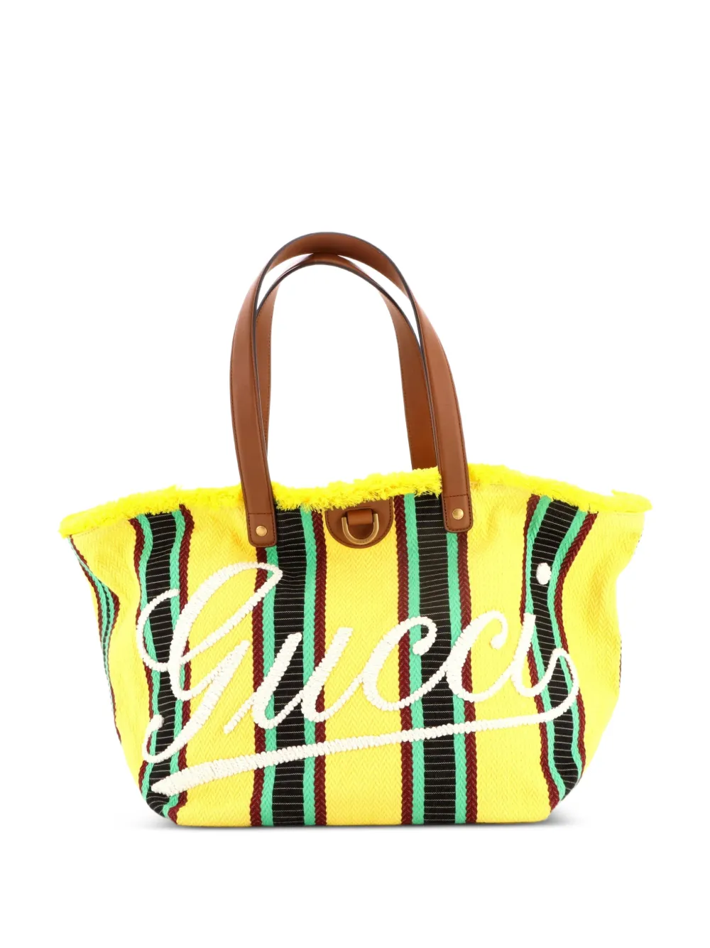 Gucci Pre-Owned Script Open Embroidered Stripe Canvas with Leather Medium tote bag - Multicolore