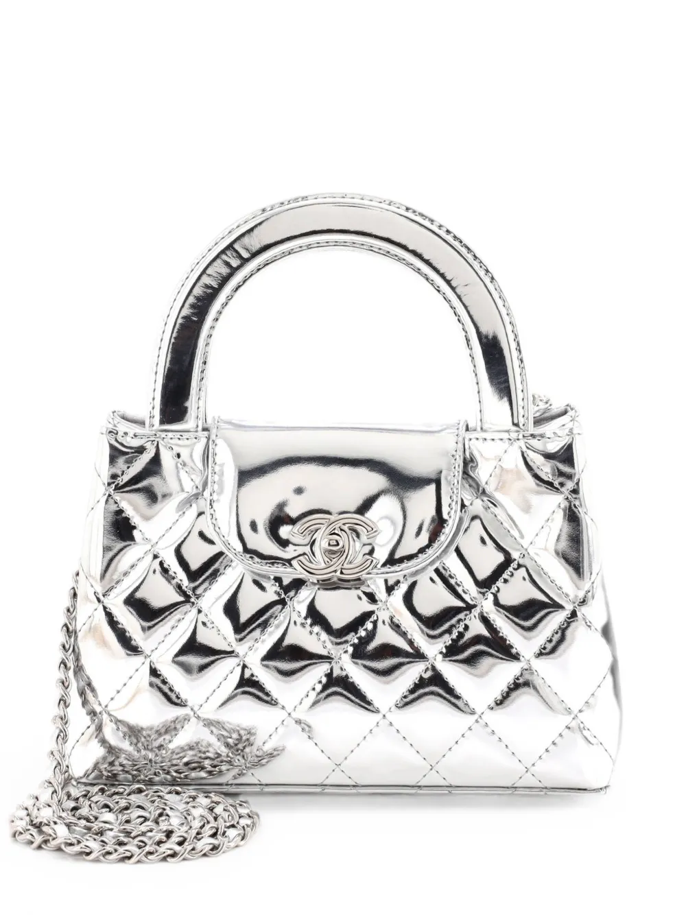 CHANEL Pre-Owned Kelly Top Handle Shopping Bag Quilted Metallic Lambskin Mini satchel - Argento