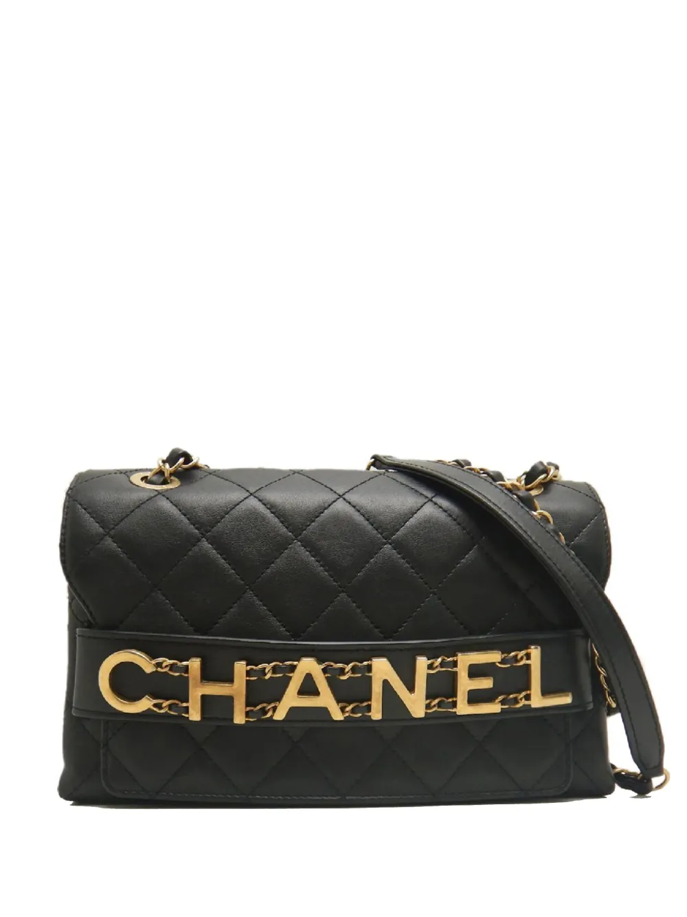 CHANEL Pre-Owned 2019 Medium Quilted Lambskin Logo Enchained Flap crossbody bag - Nero