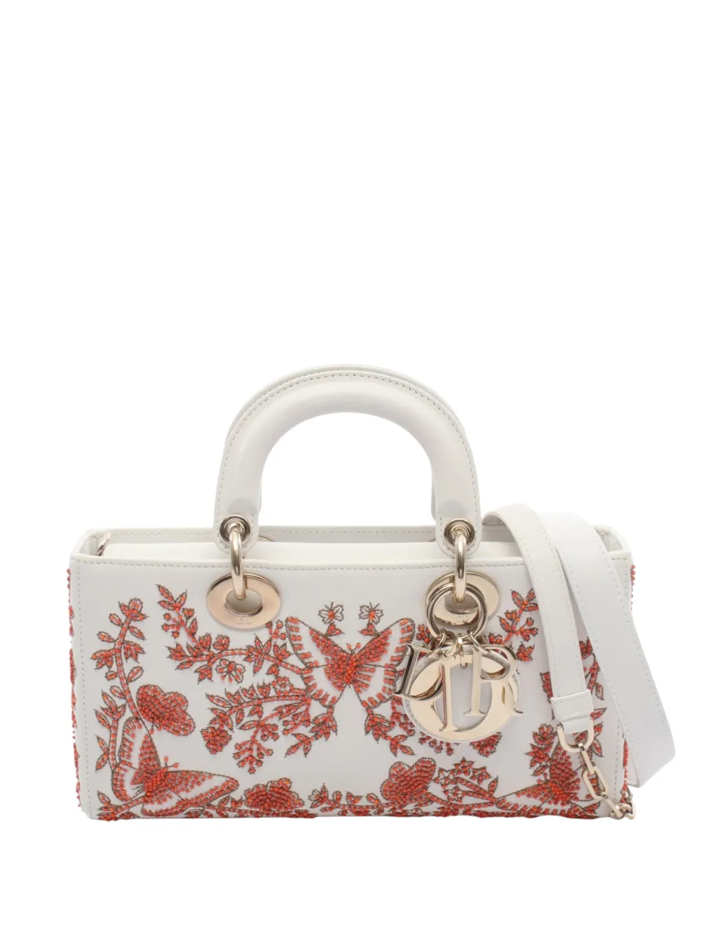 Christian Dior Pre-Owned 2000-2026 Medium Beaded Embroidered Leather Lady D Joy satchel - Bianco