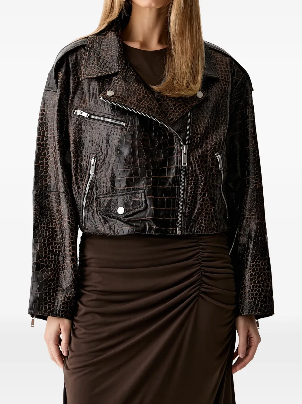 Gestuz croc-effect leather jacket - Marrone
