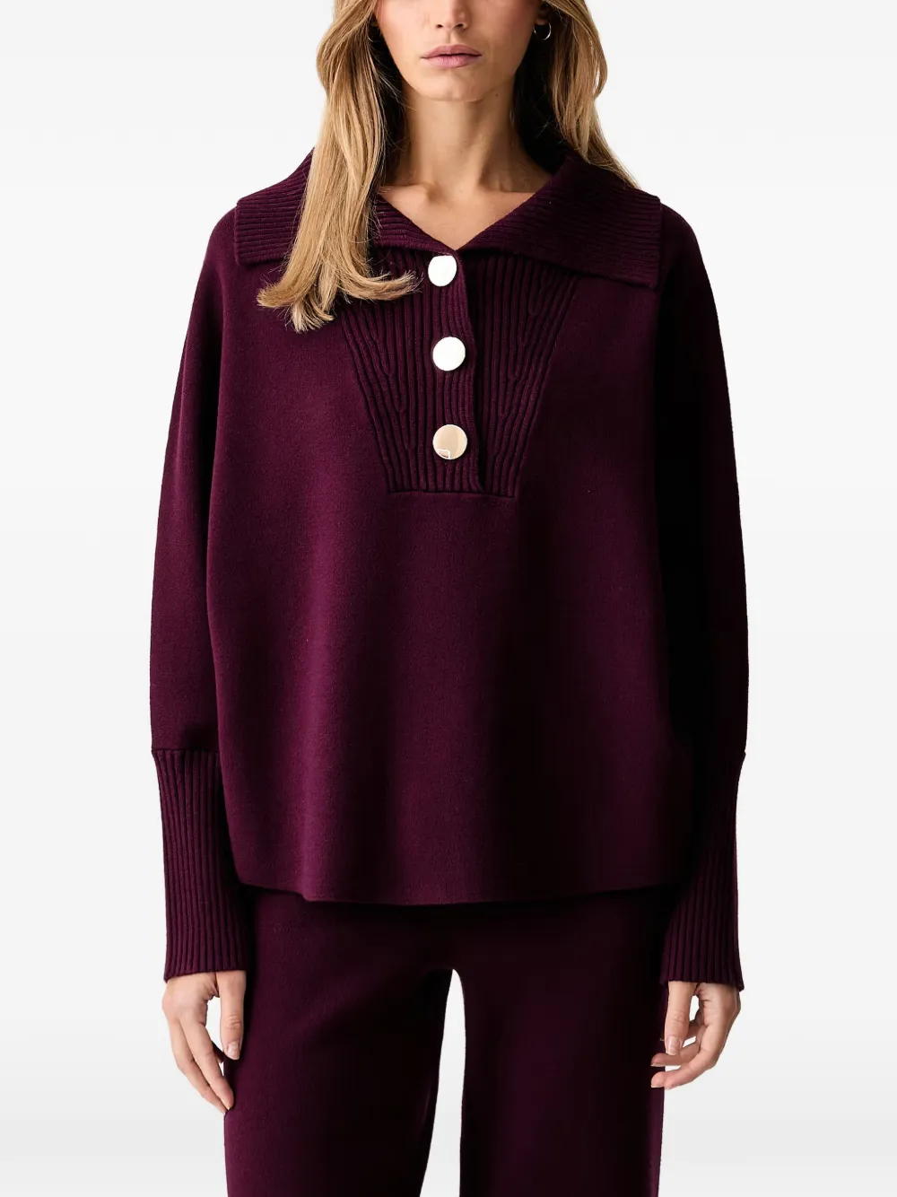Joseph Ribkoff button-embellished ribbed-trim shawl-neck sweater