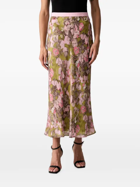 Joop! floral-print logo-waistband flared midi skirt