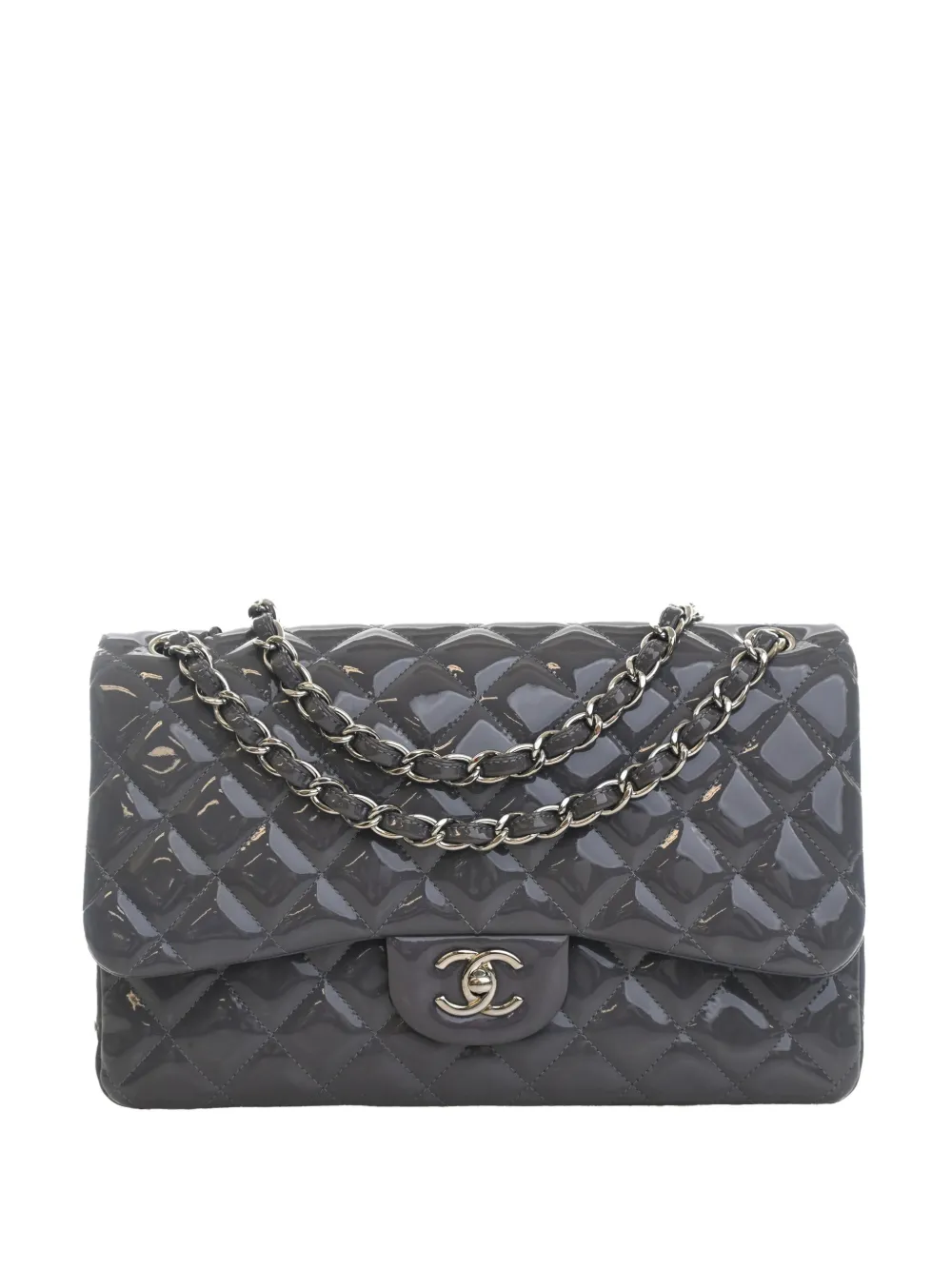 CHANEL Pre-Owned 2012 Jumbo Classic Striped Patent Double Flap shoulder bag - Grigio