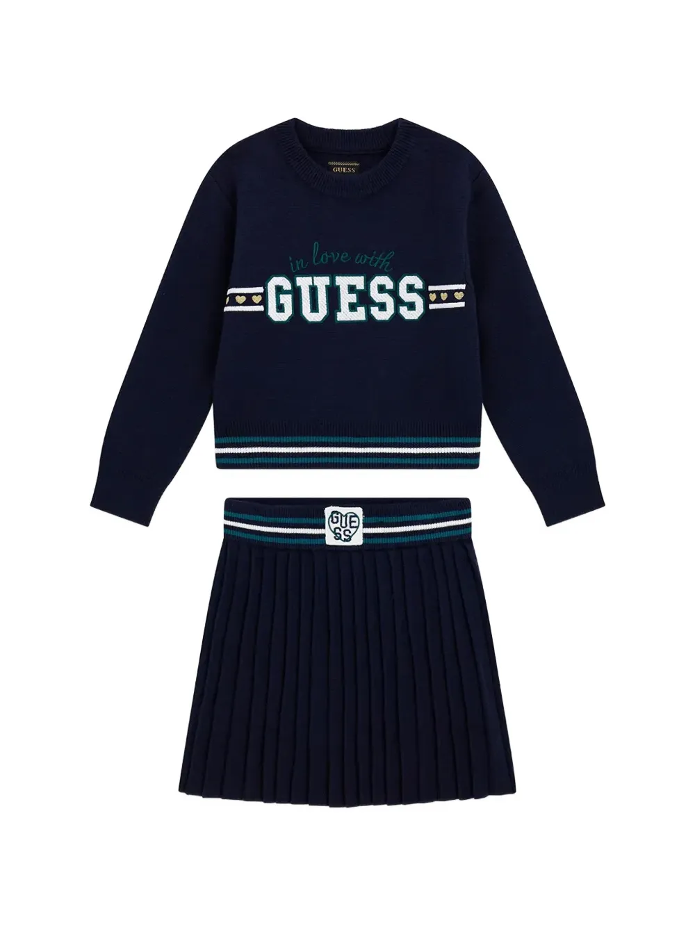 guess kids ensemble pull et jupe plissée à patch logo - Bleu