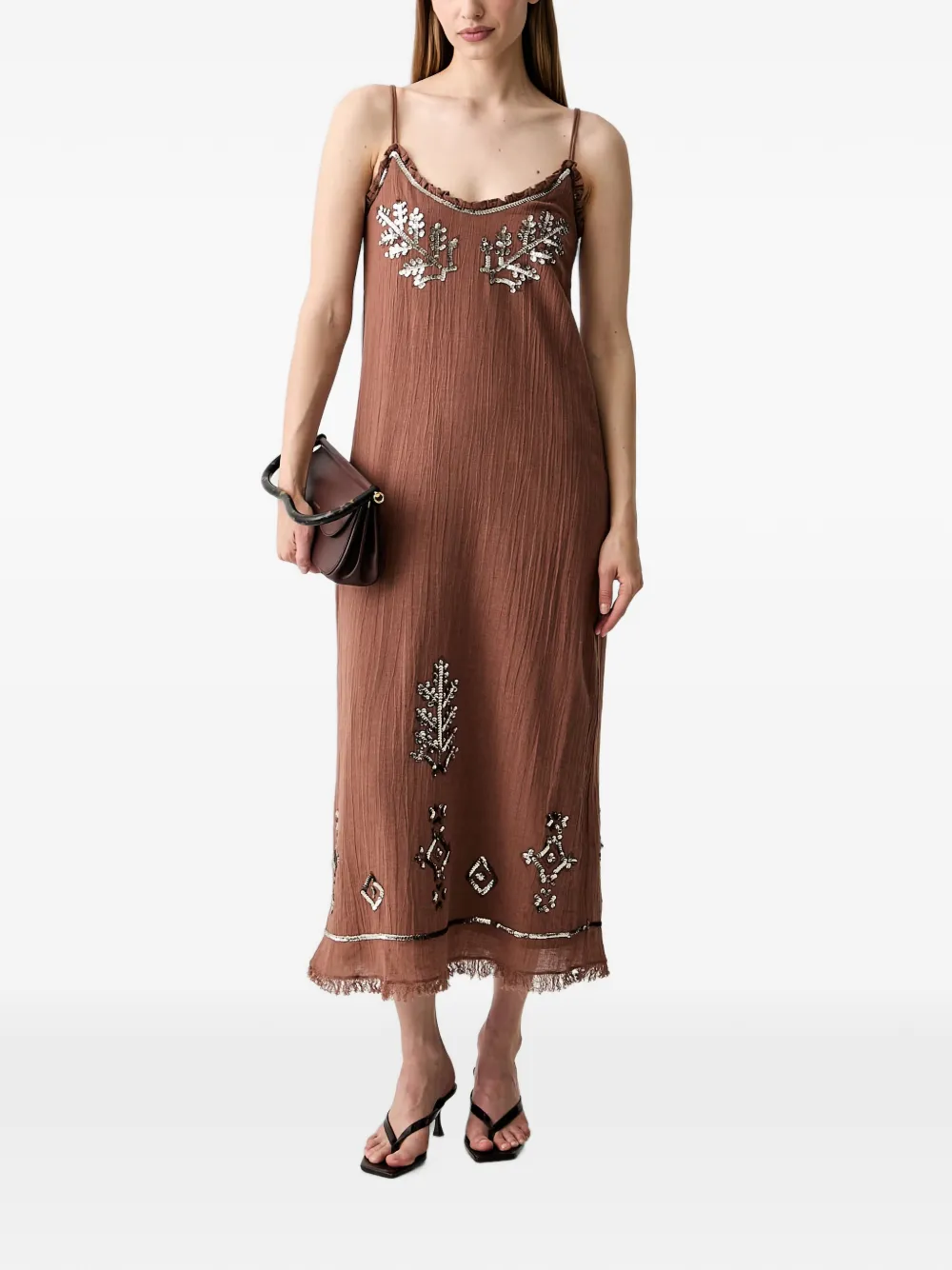 Hoss Intropia sequin-embellished sleeveless ruffled shift midi dress - Braun