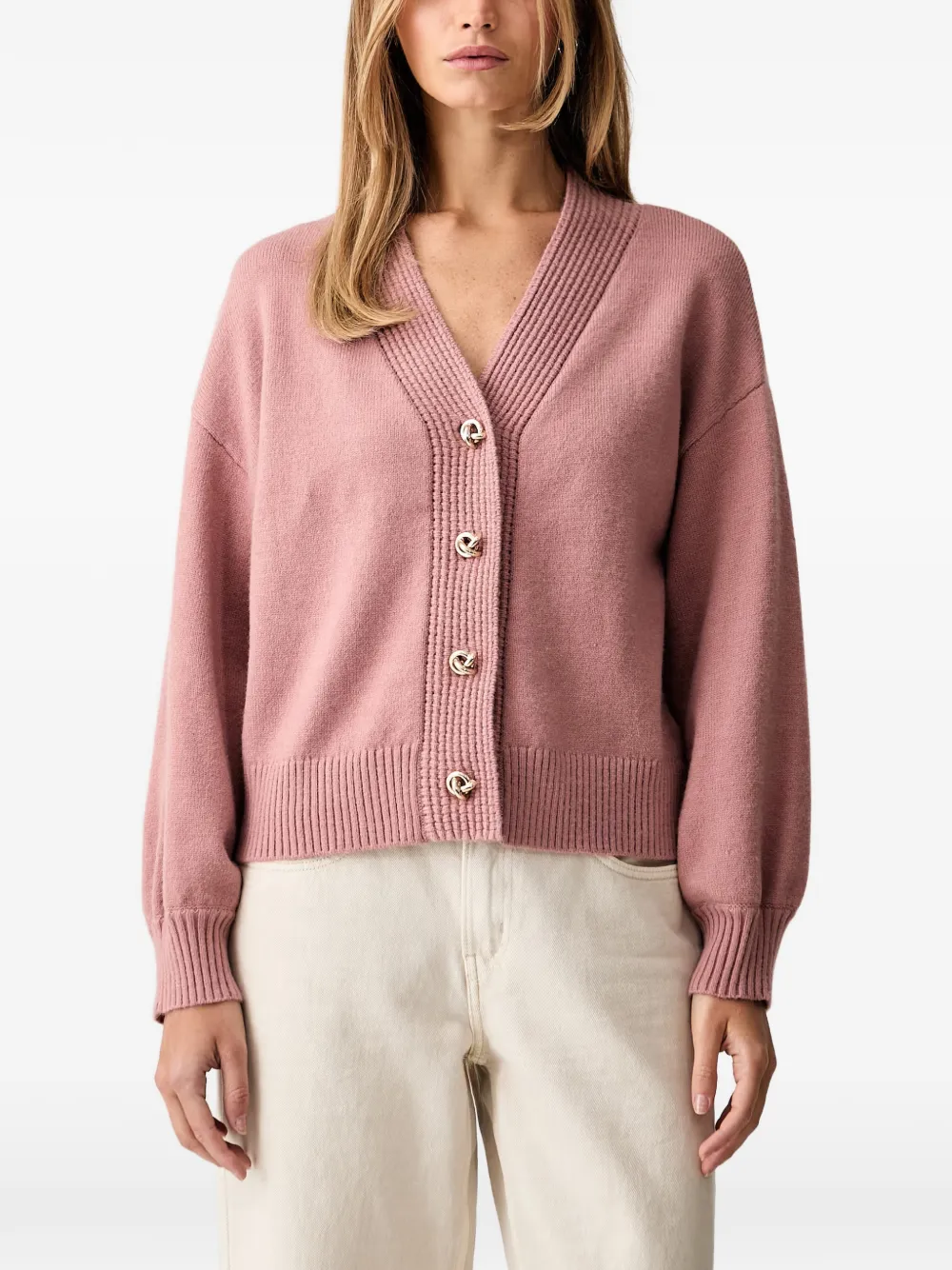 Joseph Ribkoff ribbed-knit button-up V-neck cardigan - Rosa
