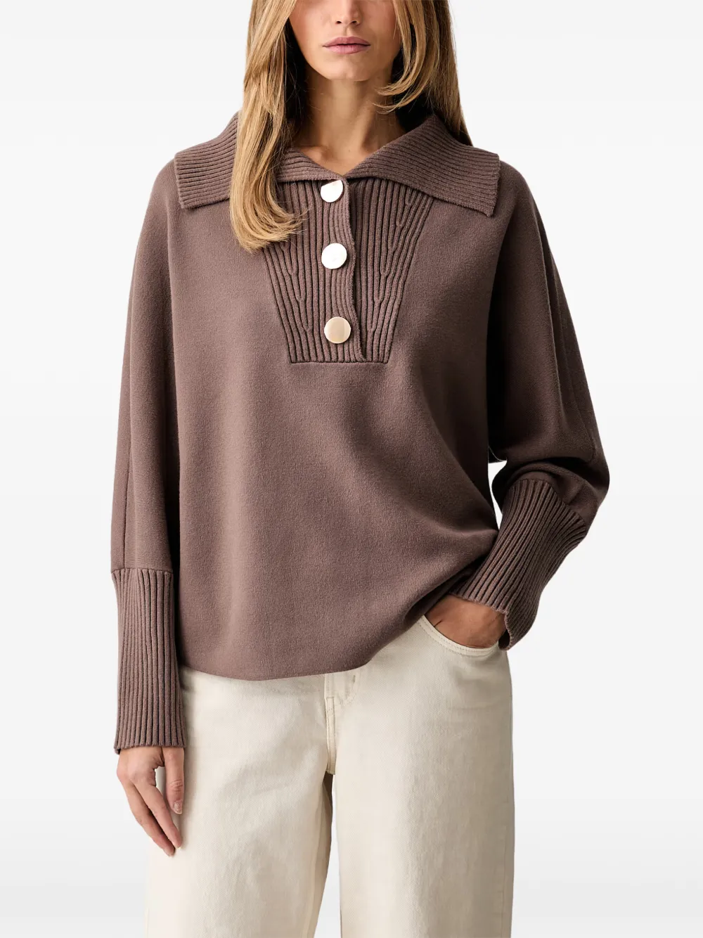 Joseph Ribkoff button-up ribbed-collar sweater - Marrone