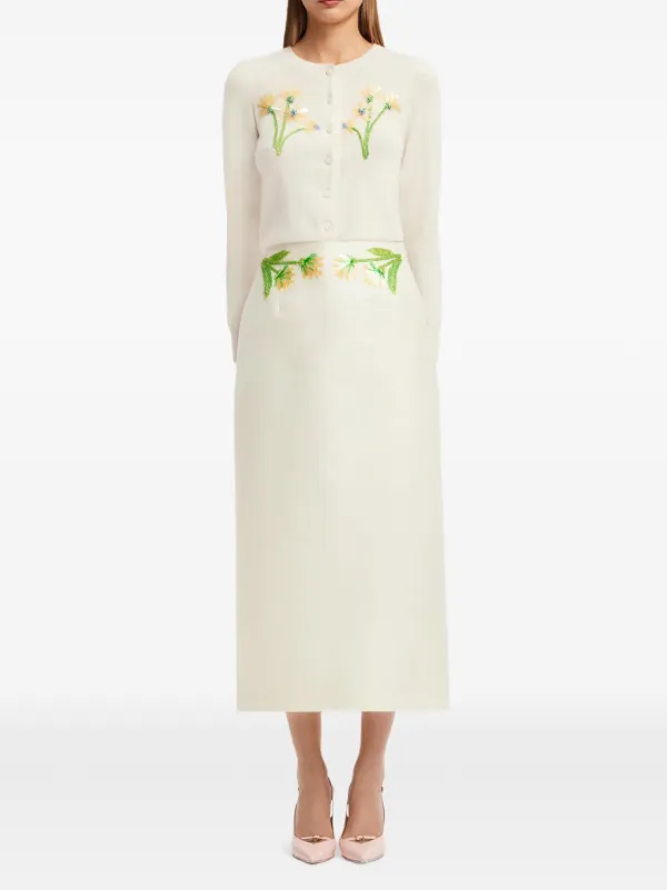 Leo Lin Quinn Wildflower-embellished Midi Skirt in Neutrals