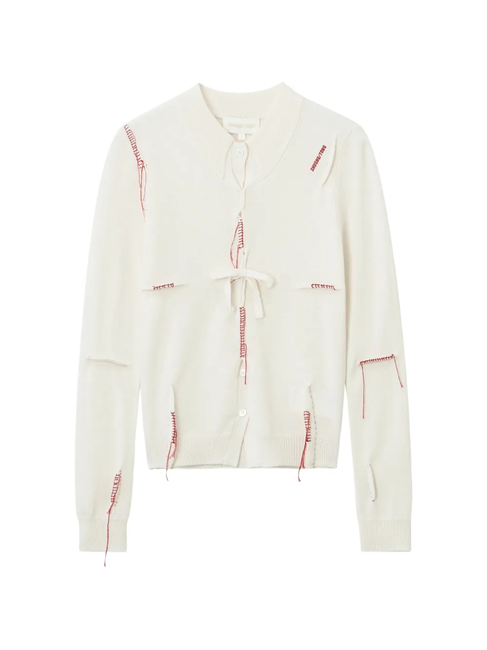 SHUSHU/TONG bow-detail distressed cardigan - Bianco