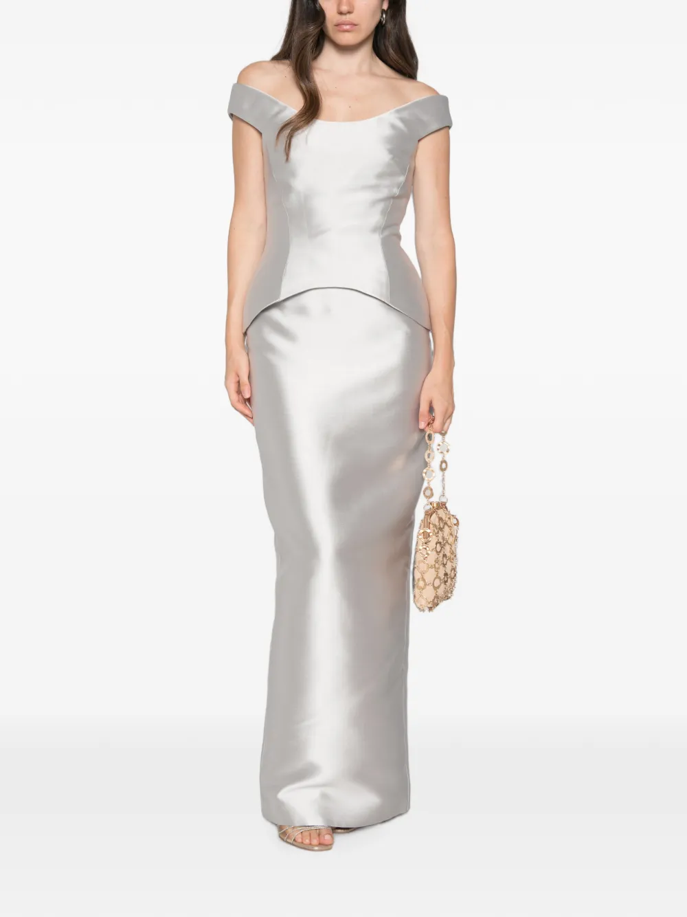 Solace London Pieta off-shoulder maxi-jurk met peplum zoom Zilver