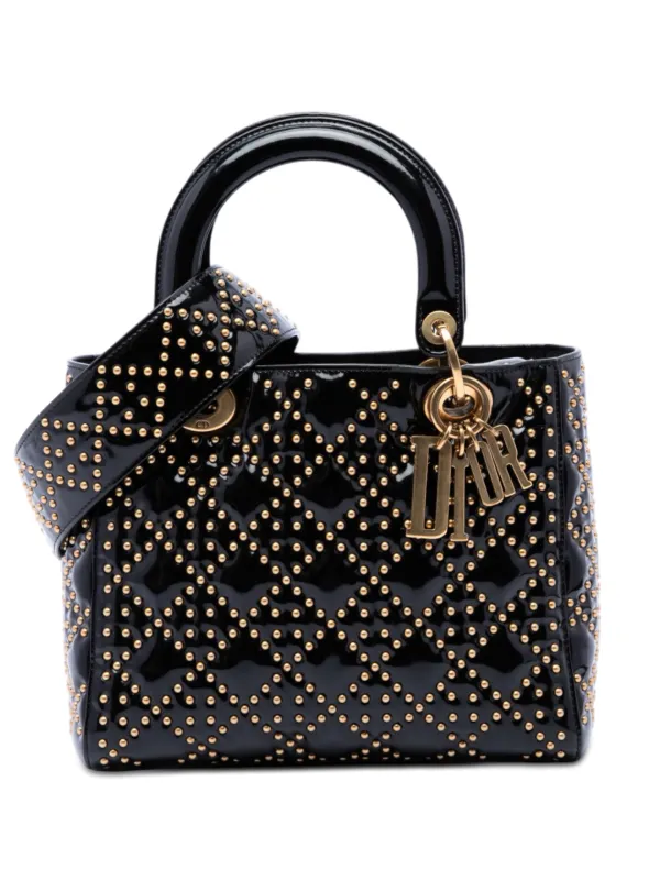 Dior Pre-owned 2017 Medium Patent Cannage Studded Supple Lady Dior Satchel in Black