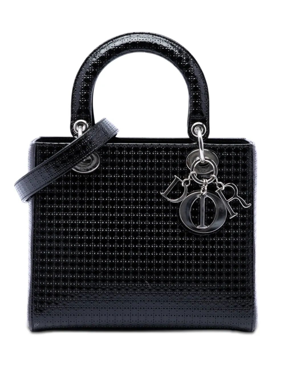 Christian Dior Pre-Owned 2016 Medium Metallic Patent Microcannage Lady Dior satchel - Nero