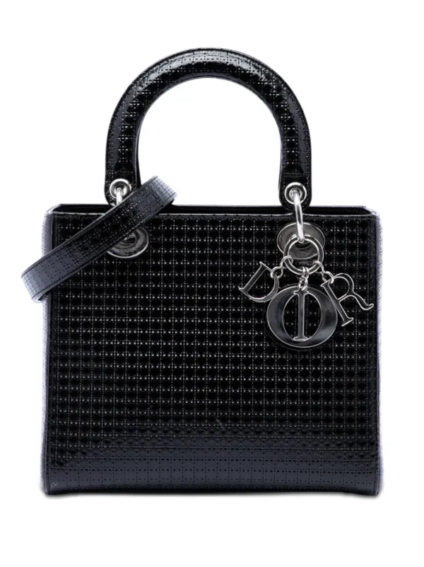 Dior Pre-owned 2016 Medium Metallic Patent Microcannage Lady Dior Satchel in Black