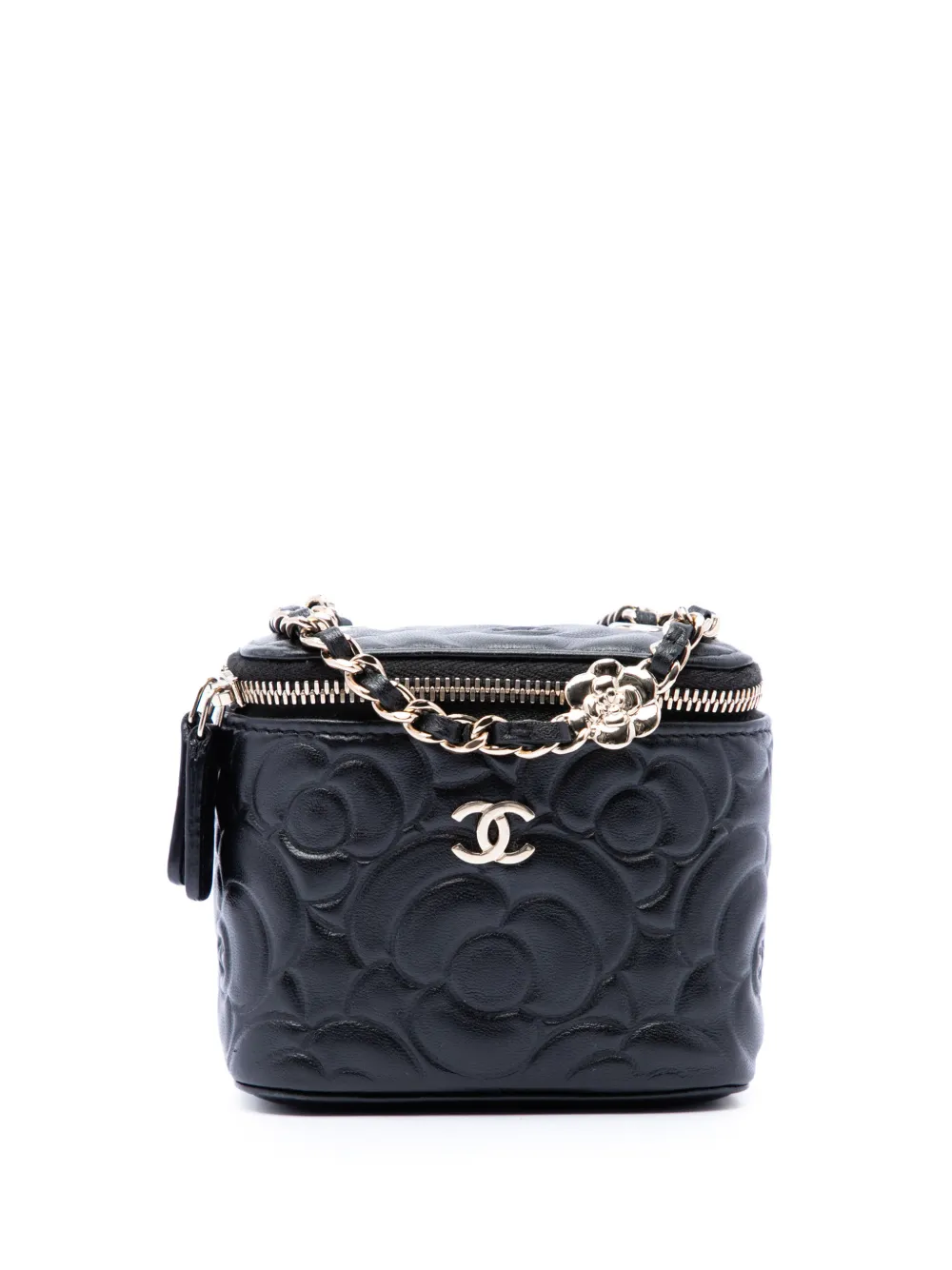 CHANEL Pre-Owned 2021 Mini Camellia Embossed Lambskin Vanity Case With Chain crossbody bag - Schwarz