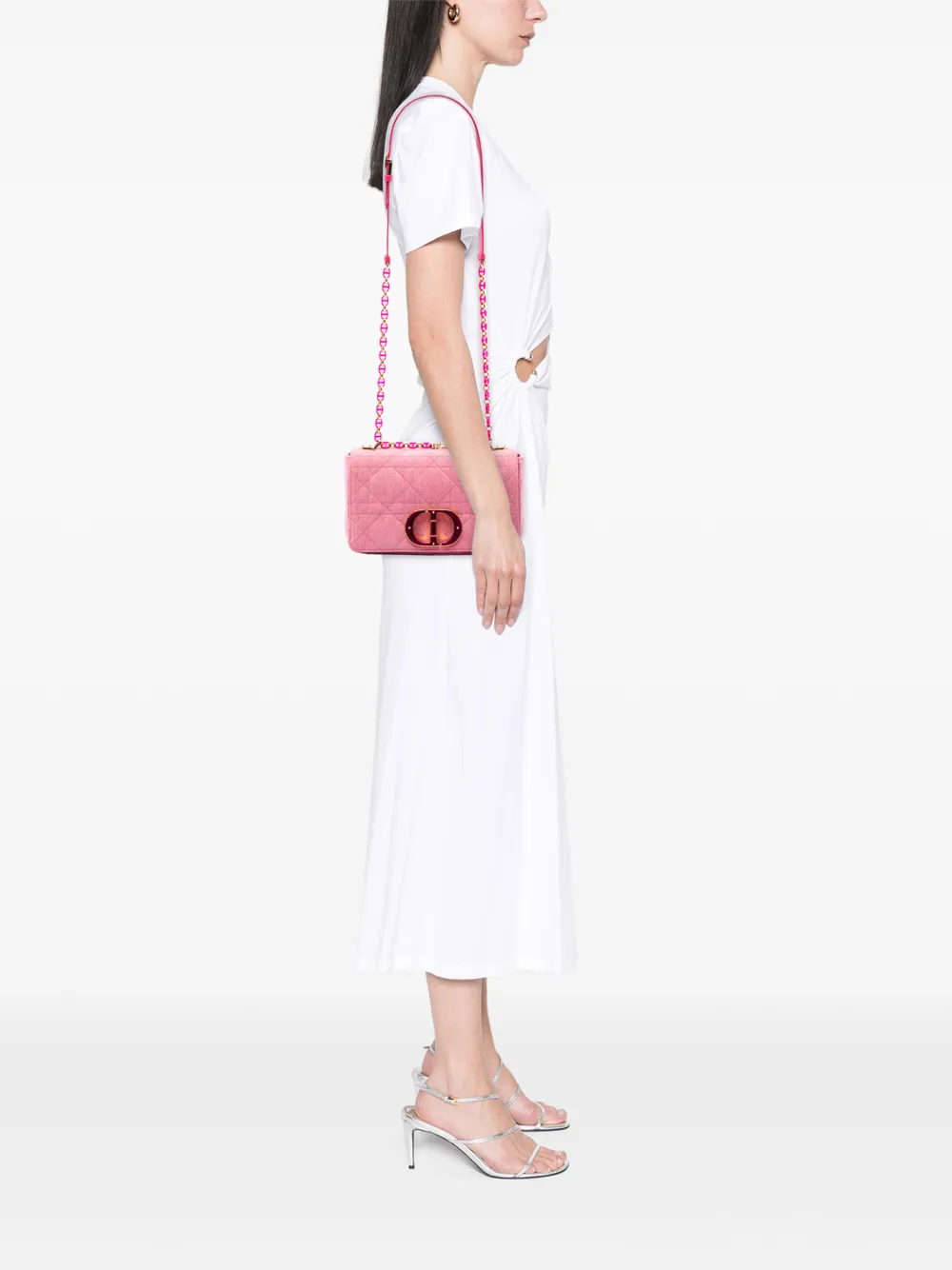 Dior Pre-owned 2022 Medium Denim Macrocannage Caro Bag Crossbody Bag in Pink, view 2