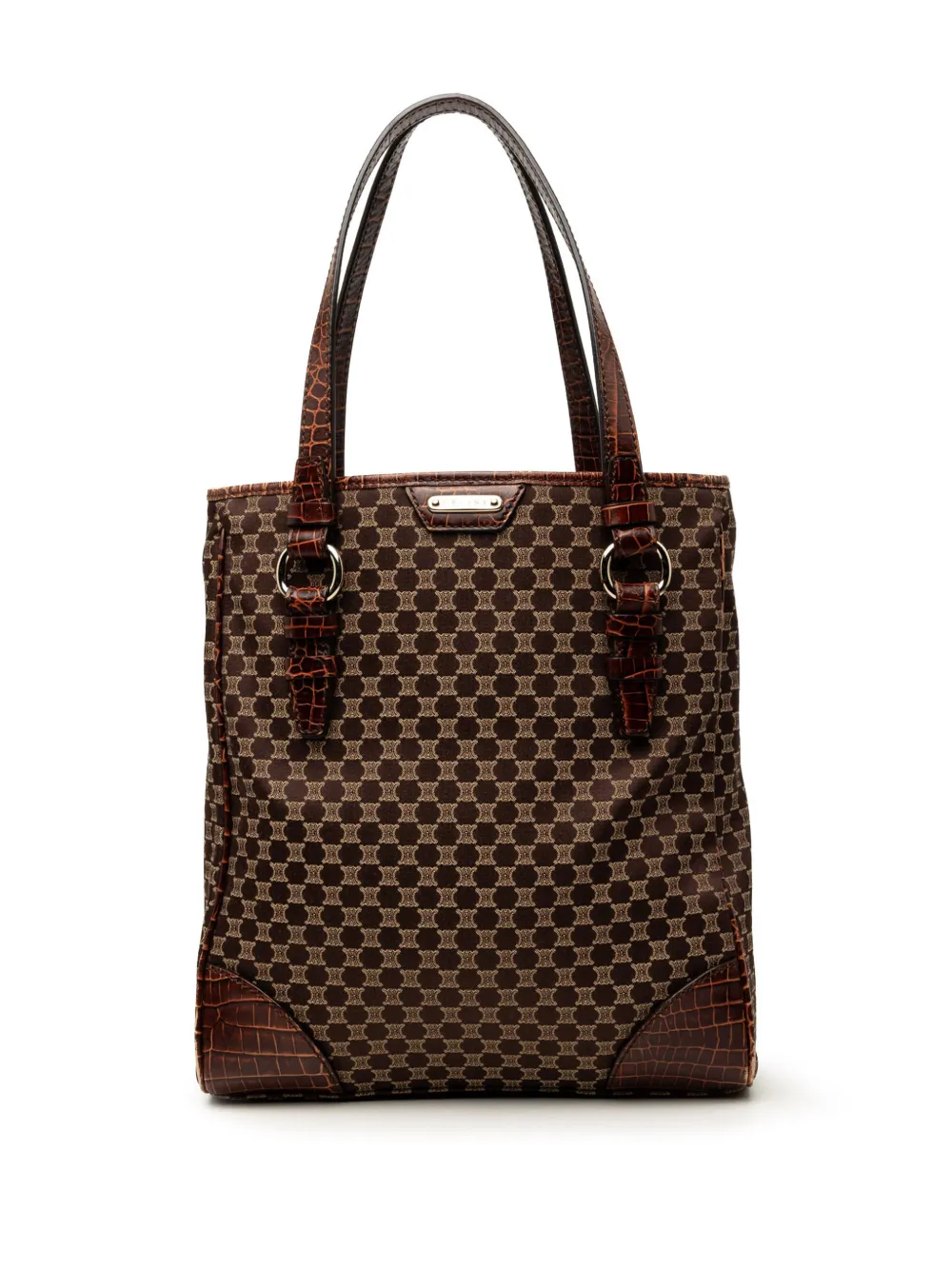 Celine Pre-Owned 2008 Croc Embossed Leather Trimmed Macadam Canvas tote bag - Braun