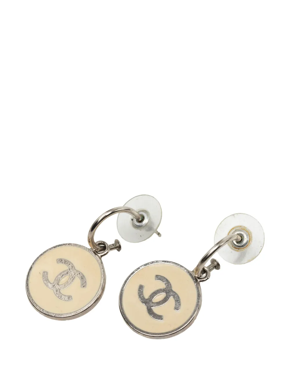 CHANEL Pre-Owned 2005 CC Silver Plated Enamel Round Drop Hoop Push Back Earrings costume earrings - Bianco