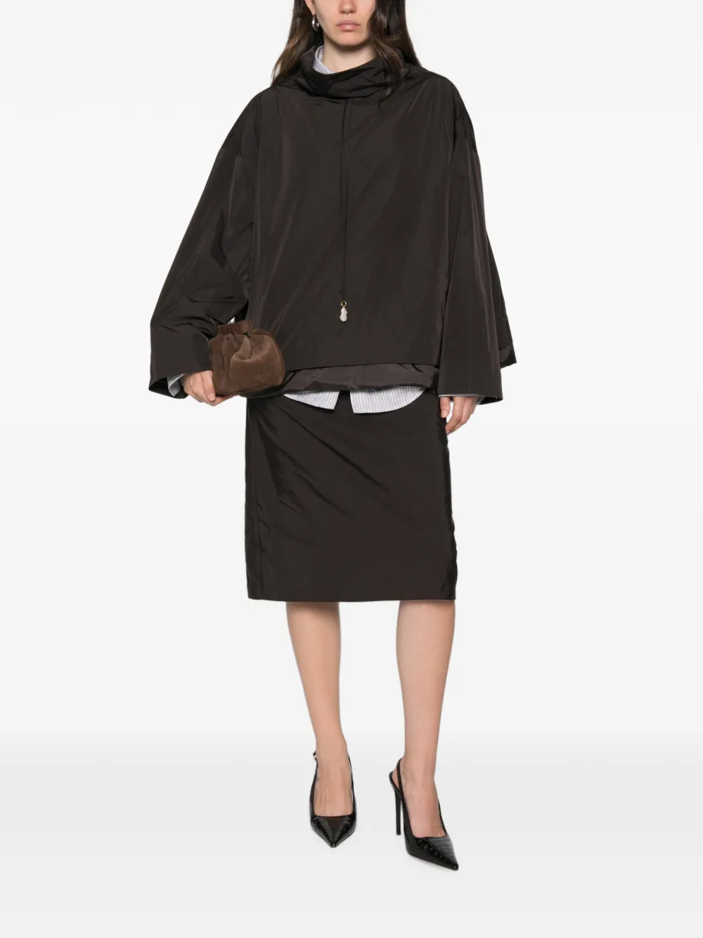 Carven Pearl-embellished Gathered Midi Skirt in Brown, view 2