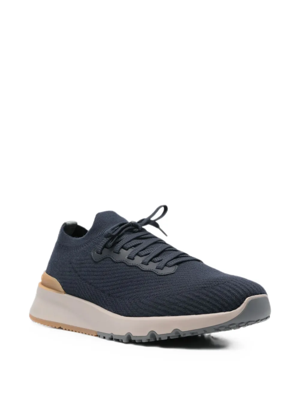 Brunello Cucinelli wool knit and semi-polished calfskin runners with warm inner lining Blauw