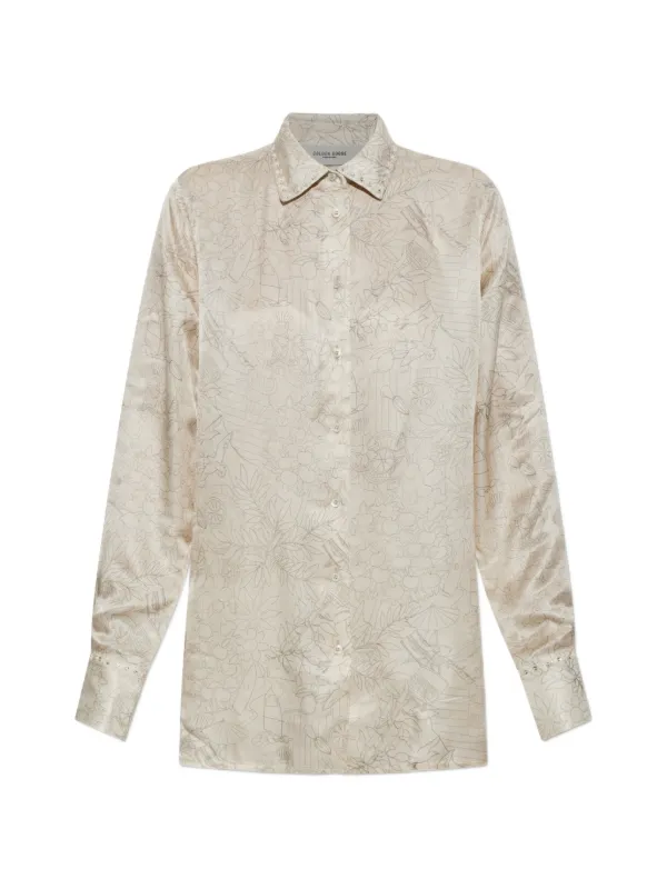 Golden Goose Shirt in Ivory Silk Blend Satin with Print in Neutrals