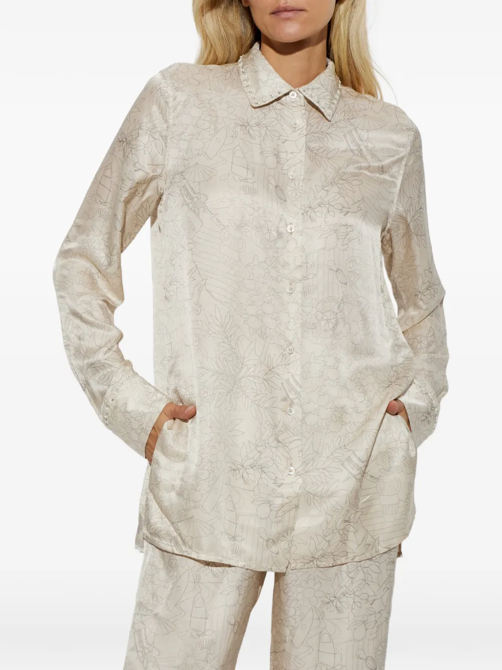 Golden Goose Blouse van zijde-satijn met print Beige