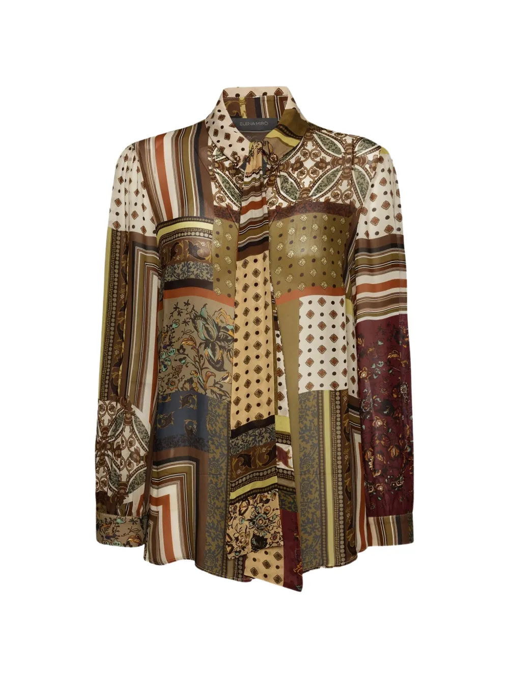 Elena Miro' Patchwork Pussy-bow Blouse In Brown