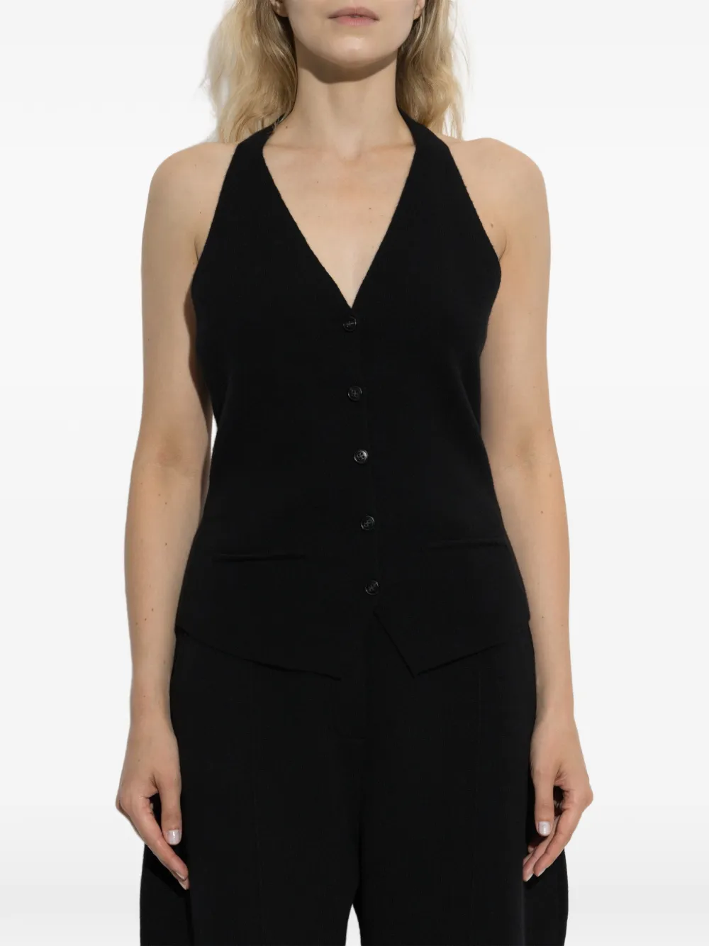 Lisa Yang Immy button-up top met halternek Zwart