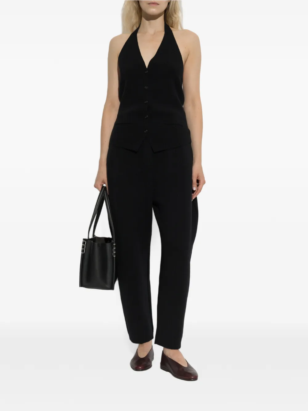 Lisa Yang Immy button-up top met halternek Zwart