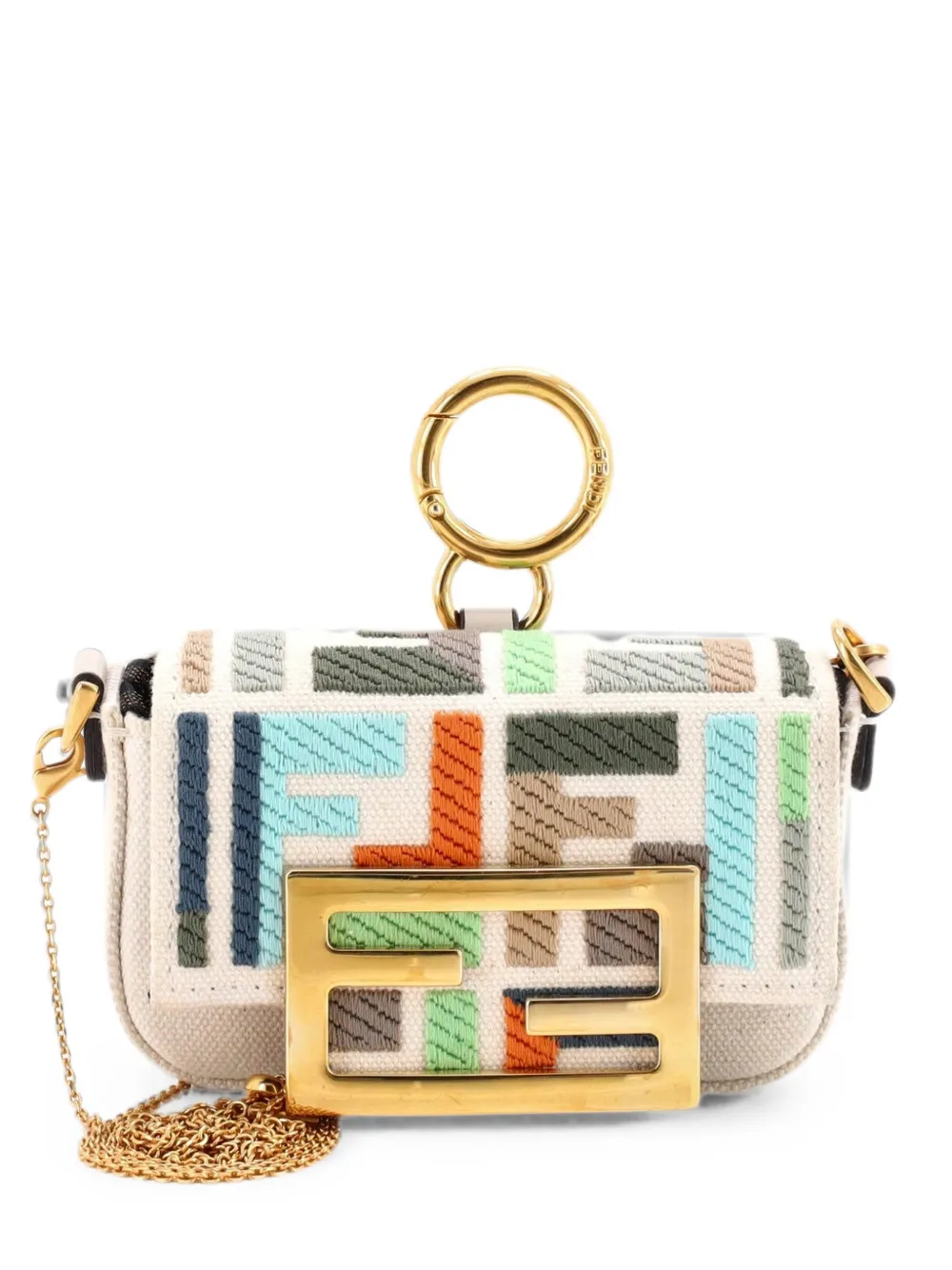 Fendi Pre-Owned Chain Baguette Charm Bag Zucca Embroidered Canvas Nano crossbody bag - Toni neutri