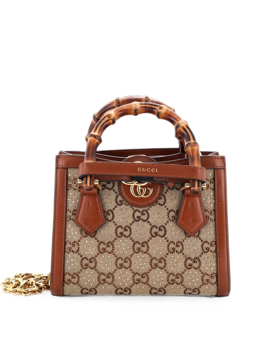Gucci Pre-Owned Diana NM Bamboo Handle Crystal Embellished GG Canvas Mini tote bag - Marrone