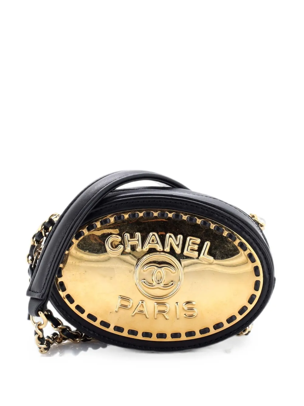 CHANEL Pre-Owned Logo Plate Oval Clutch With Chain Metal and Lambskin shoulder bag - Nero
