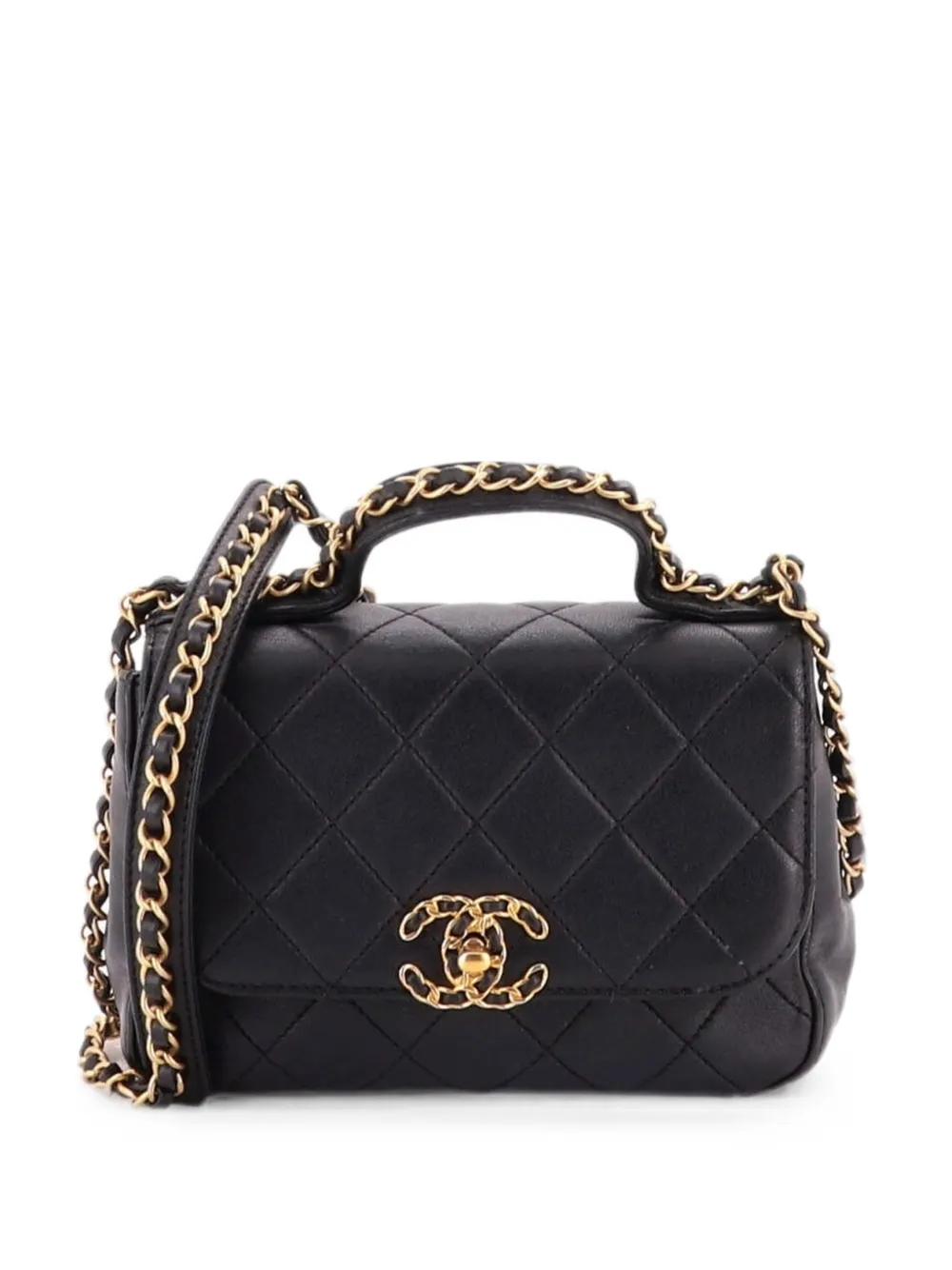 Pre-owned Chanel Chain Infinity Top Handle Bag Quilted Lambskin Mini Satchel In Black