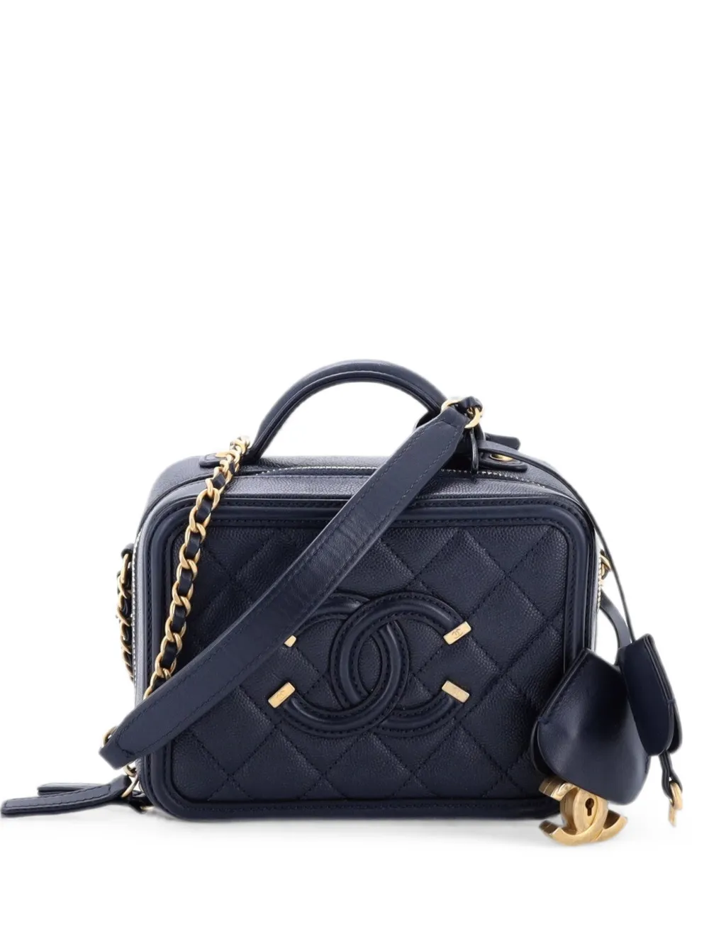 Pre-owned Chanel Filigree Vanity Case Quilted Caviar Small Satchel In Blue
