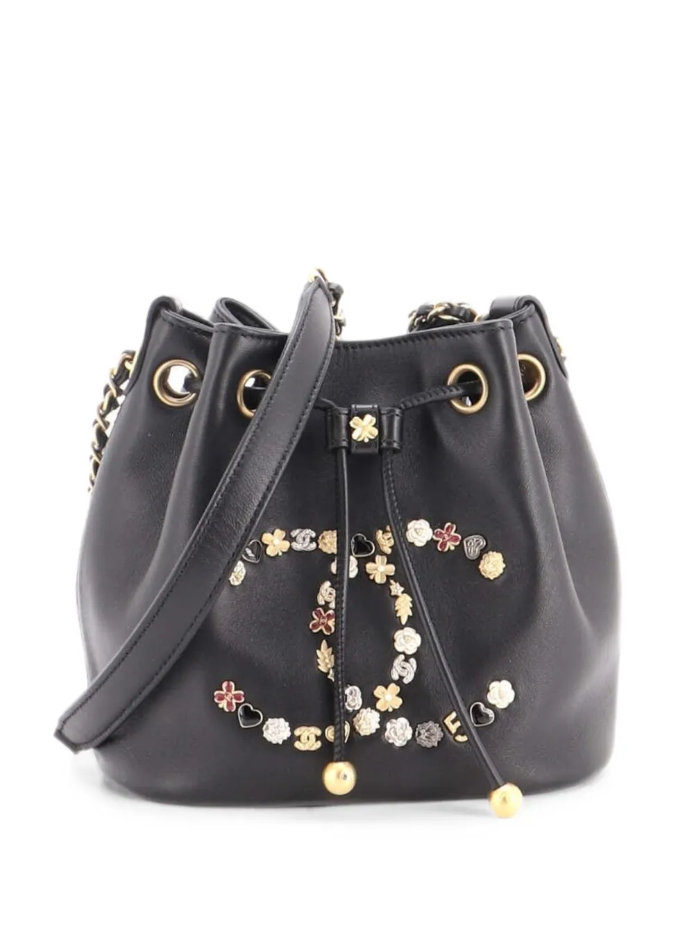 CHANEL Pre-Owned Lucky Charms CC Drawstring Embellished Lambskin Mini bucket bag - Nero