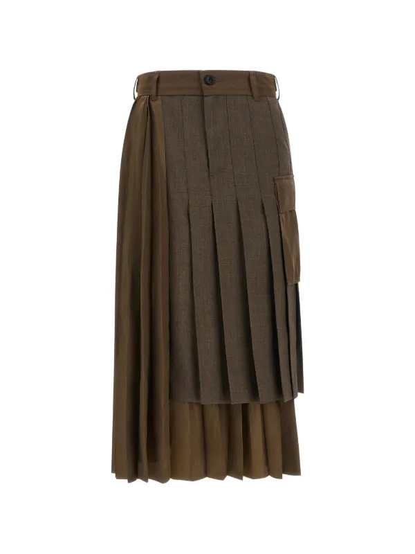 Sacai Asymmetrical Pleated Midi Skirt in Brown