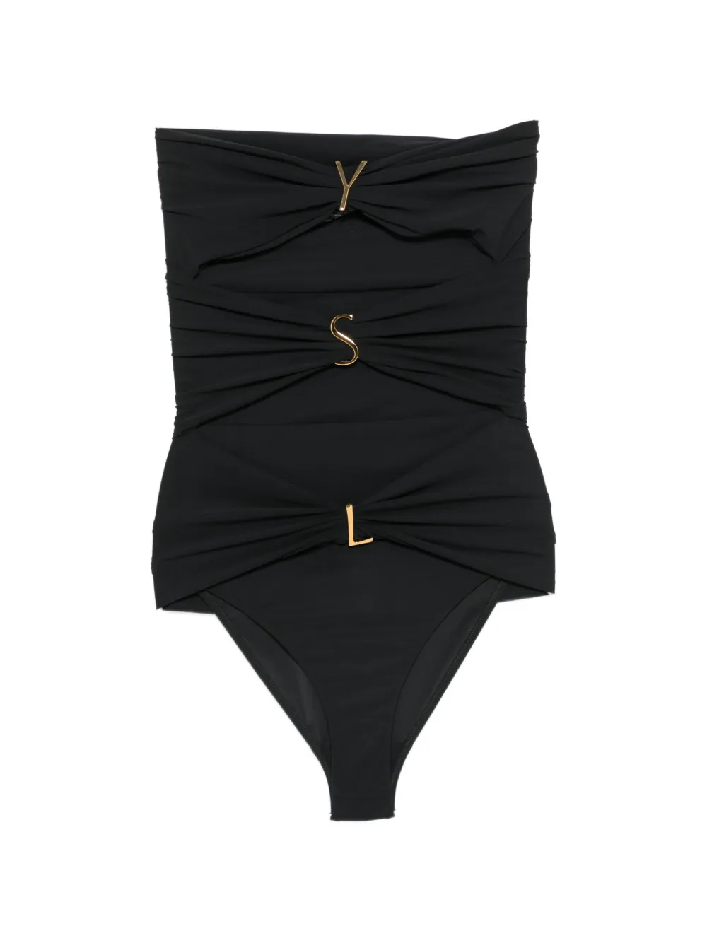Saint Laurent Geraffter Badeanzug mit Logo-Schild - Schwarz