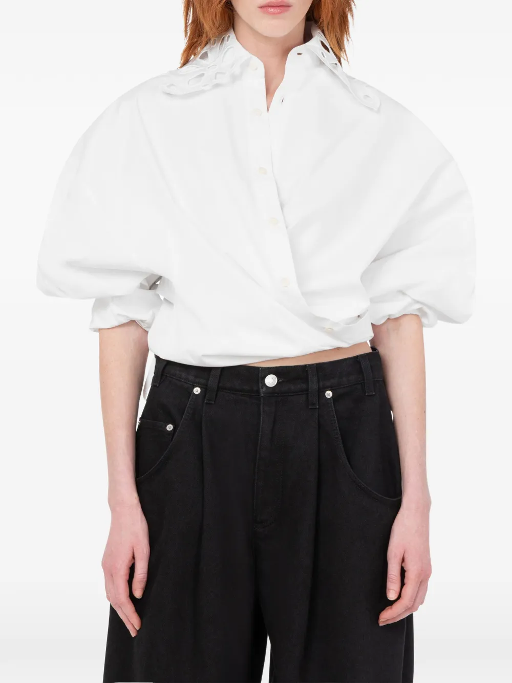 Moschino broderie-anglaise wrap-front shirt Wit