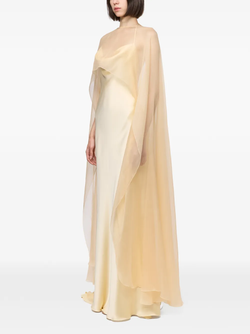 Atu Body Couture Maxi-jurk met zijden cape en satijnen afwerking Beige
