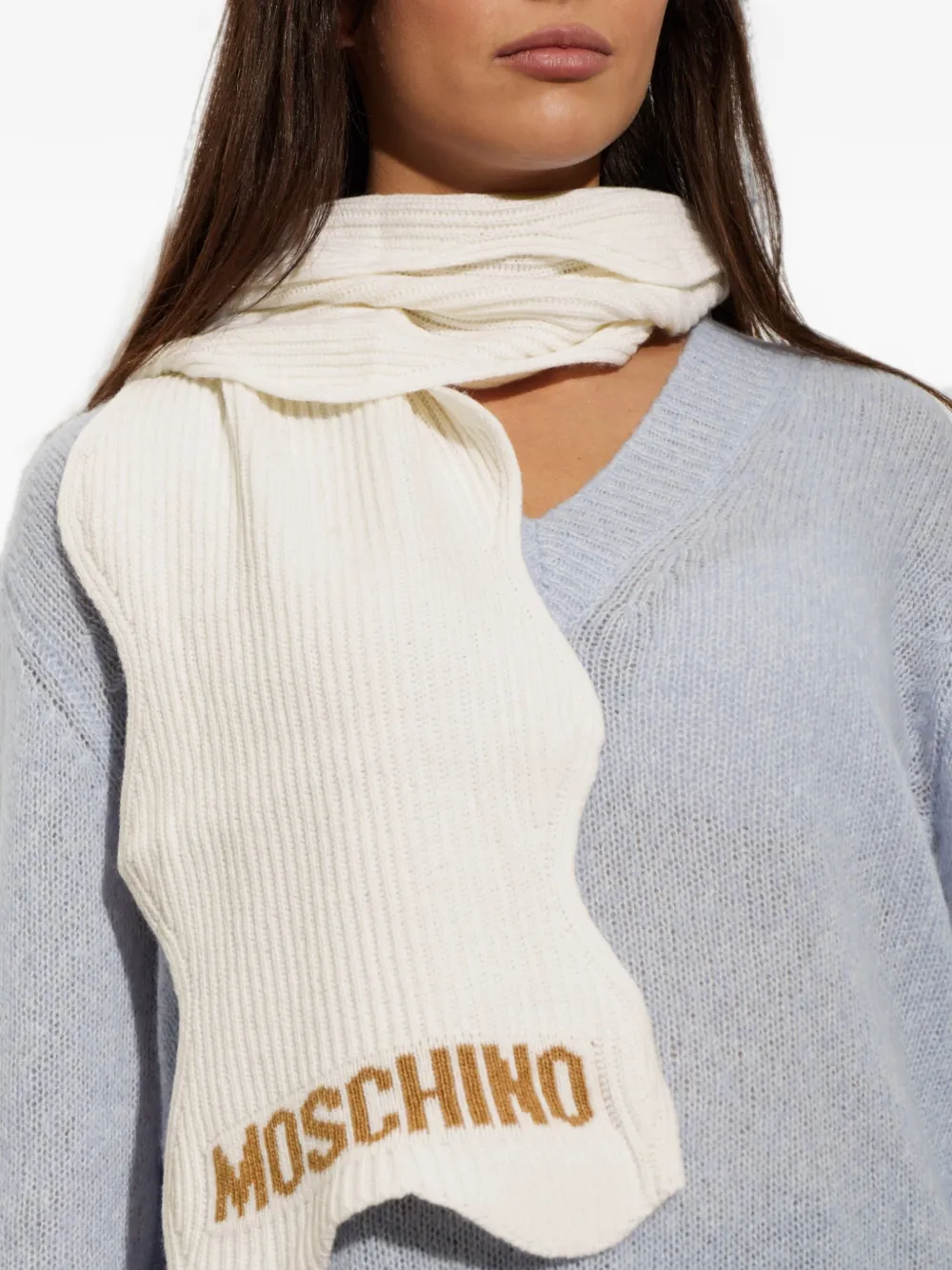 Moschino Ribgebreide sjaal met logo-intarsia Beige