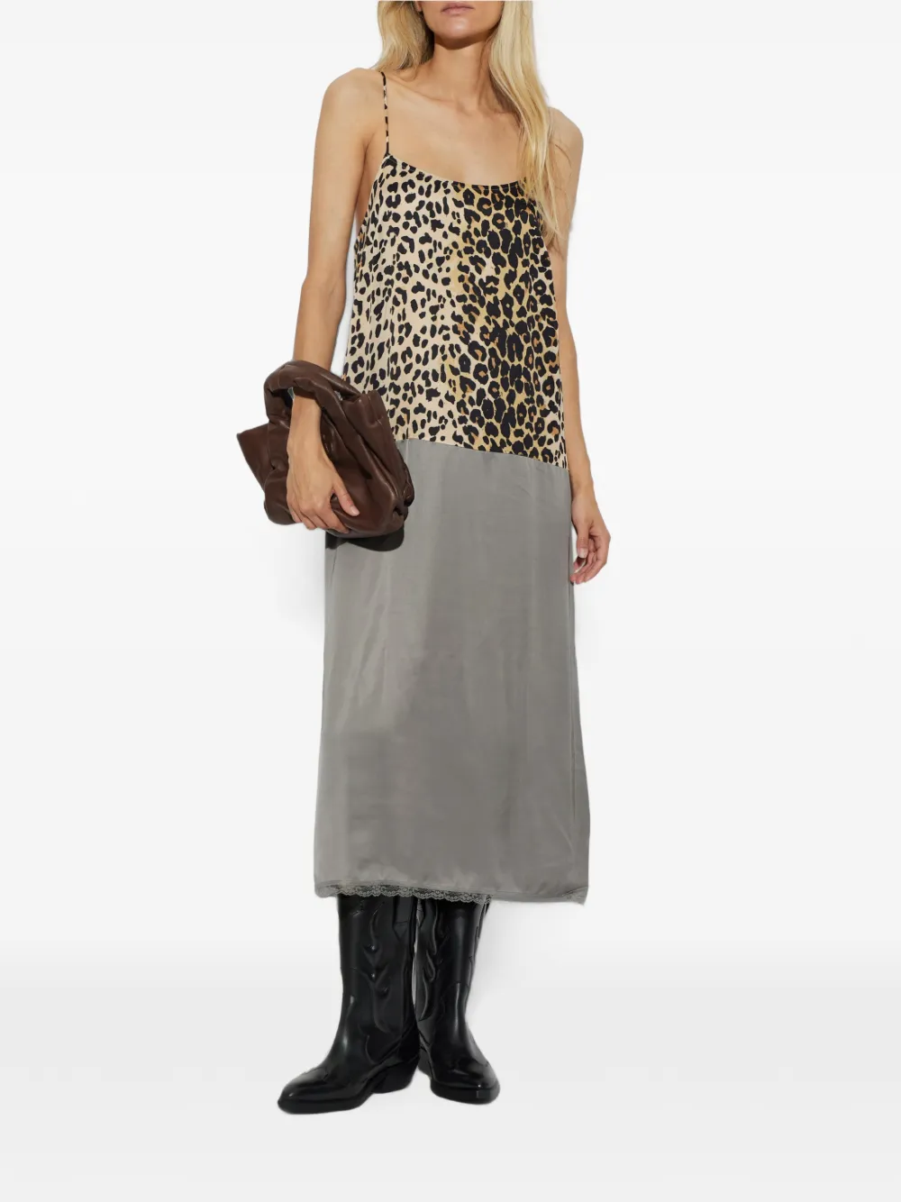 MUNTHE Jurk met luipaardprint en kanten afwerking Grijs