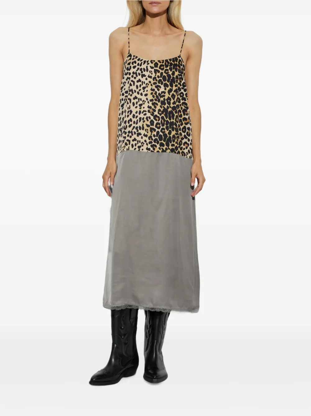 MUNTHE Jurk met luipaardprint en kanten afwerking Grijs