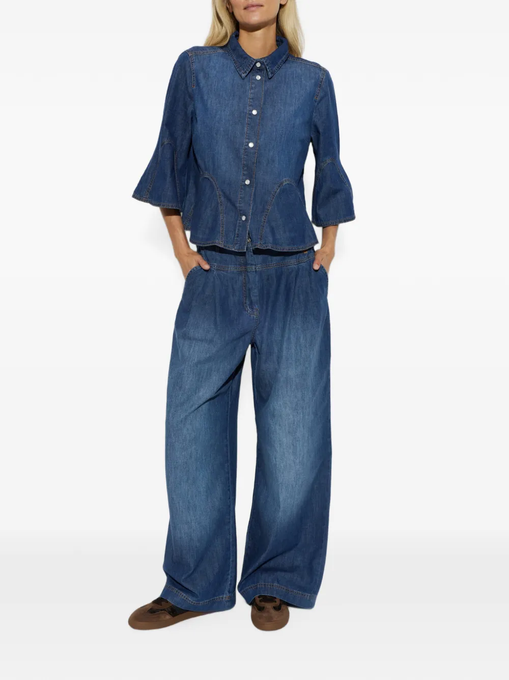 MUNTHE Vunna denim blouse met flared mouwen Blauw