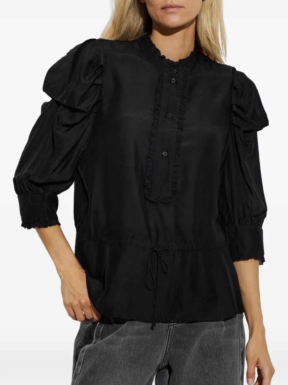 MUNTHE Top met trekkoordtaille en ruches Zwart