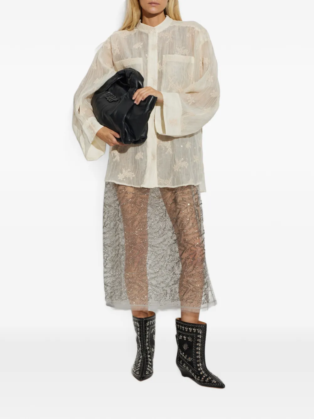 MUNTHE Fortunato doorzichtige blouse met borduurwerk Beige