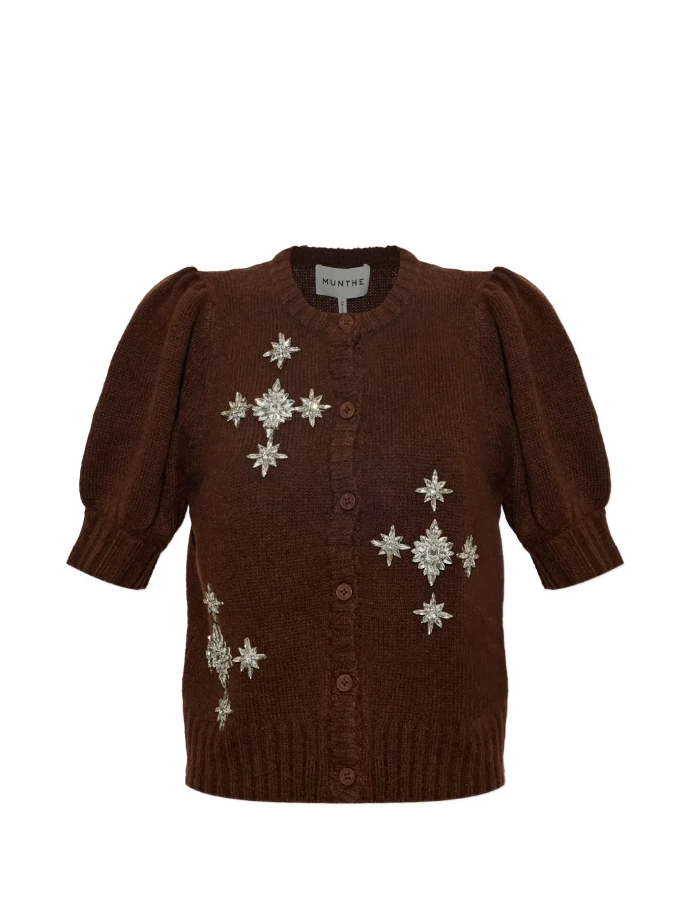 MUNTHE Vocca crystal-embellished puff-sleeve cardigan - Marrone