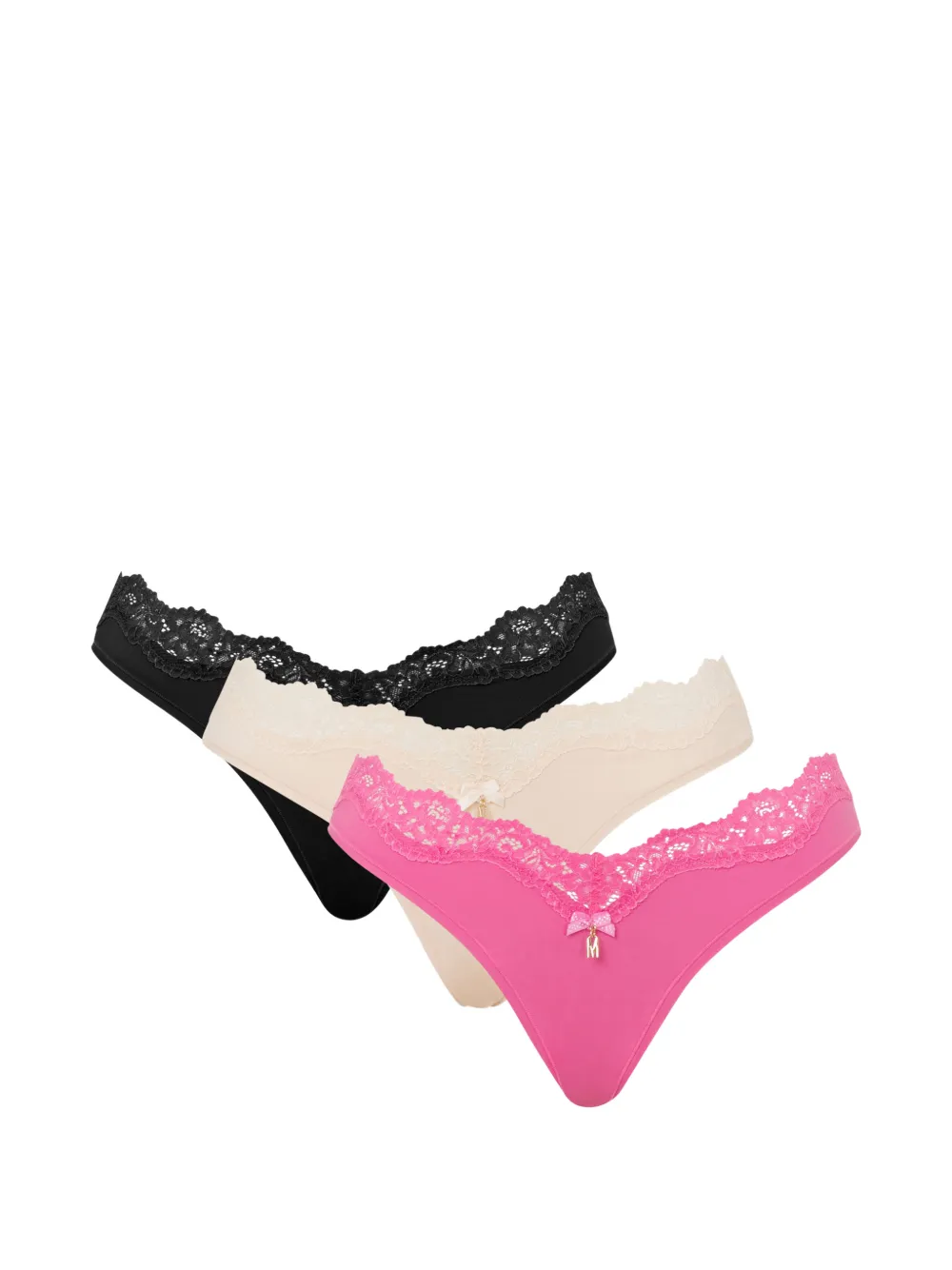 Moschino Tangas mit Spitzenbesatz und Schleifendetail (3er-Set) - Rosa