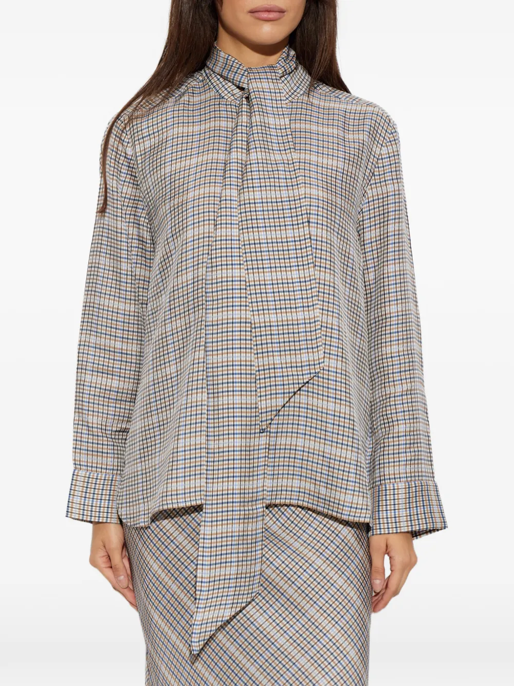 MUNTHE Veiling geruite blouse met gestrikte hals Beige